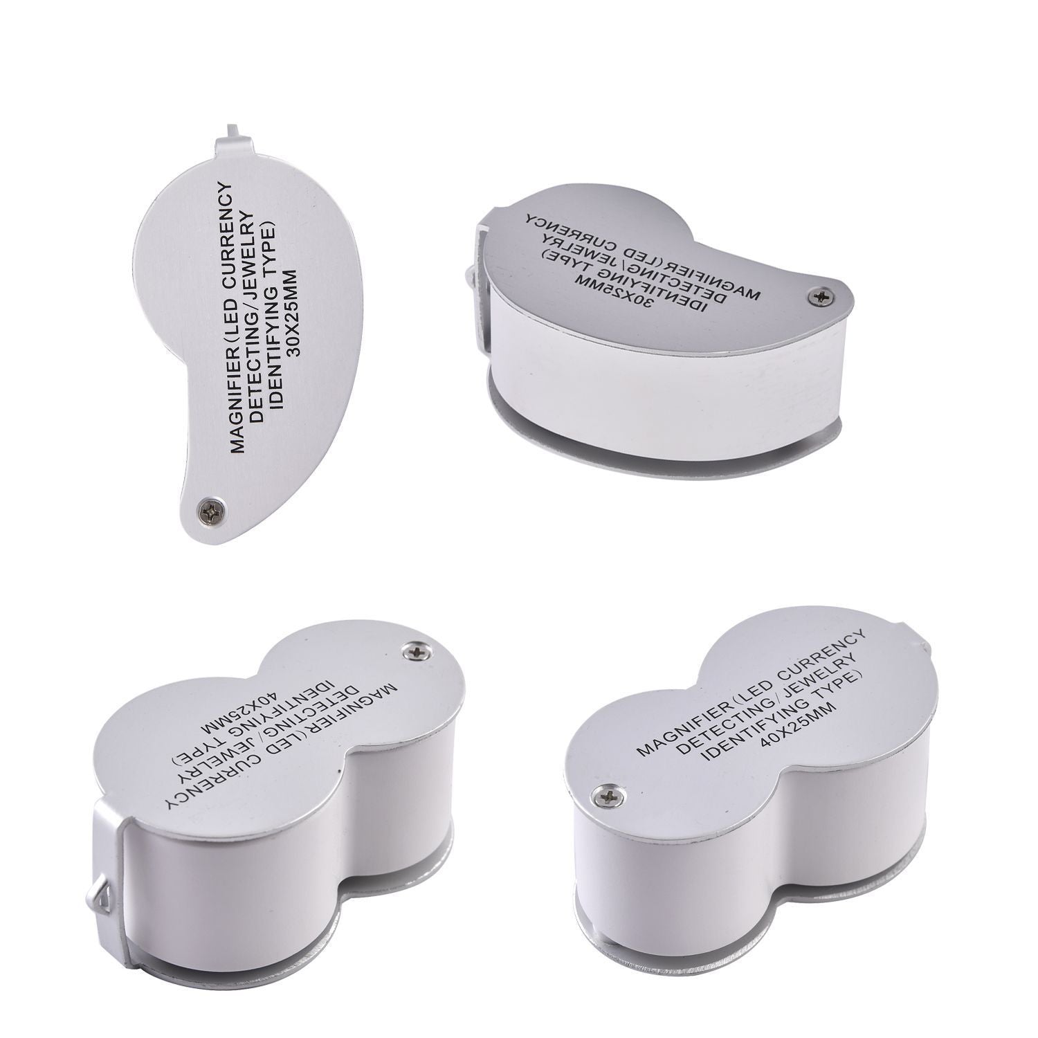 2er Set Schmucklupen mit LED- und UV Licht, 40x und 30x Linse, 6.5x3.3x2.7cm, Silber