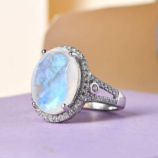 Premium Regenbogen Mondstein und weißer Zirkon-Ring, 925 Silber platiniert ca. 9.10 ct