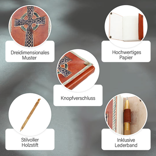 Kreuzgeprägtes Leder Notizbuch mit 96 Seiten & 1 Holzstift, braun