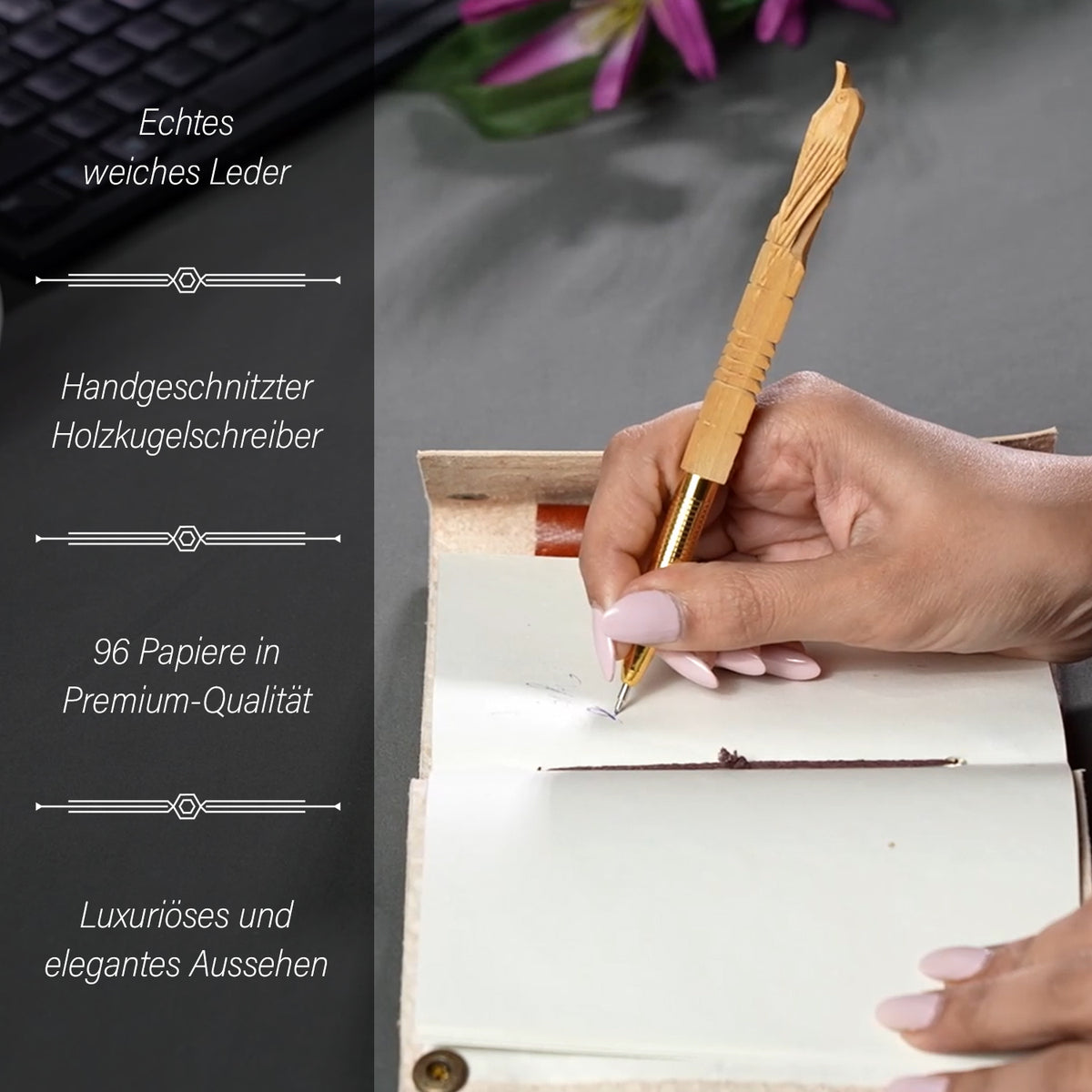 Kreuzgeprägtes Leder Notizbuch mit 96 Seiten & 1 Holzstift, braun