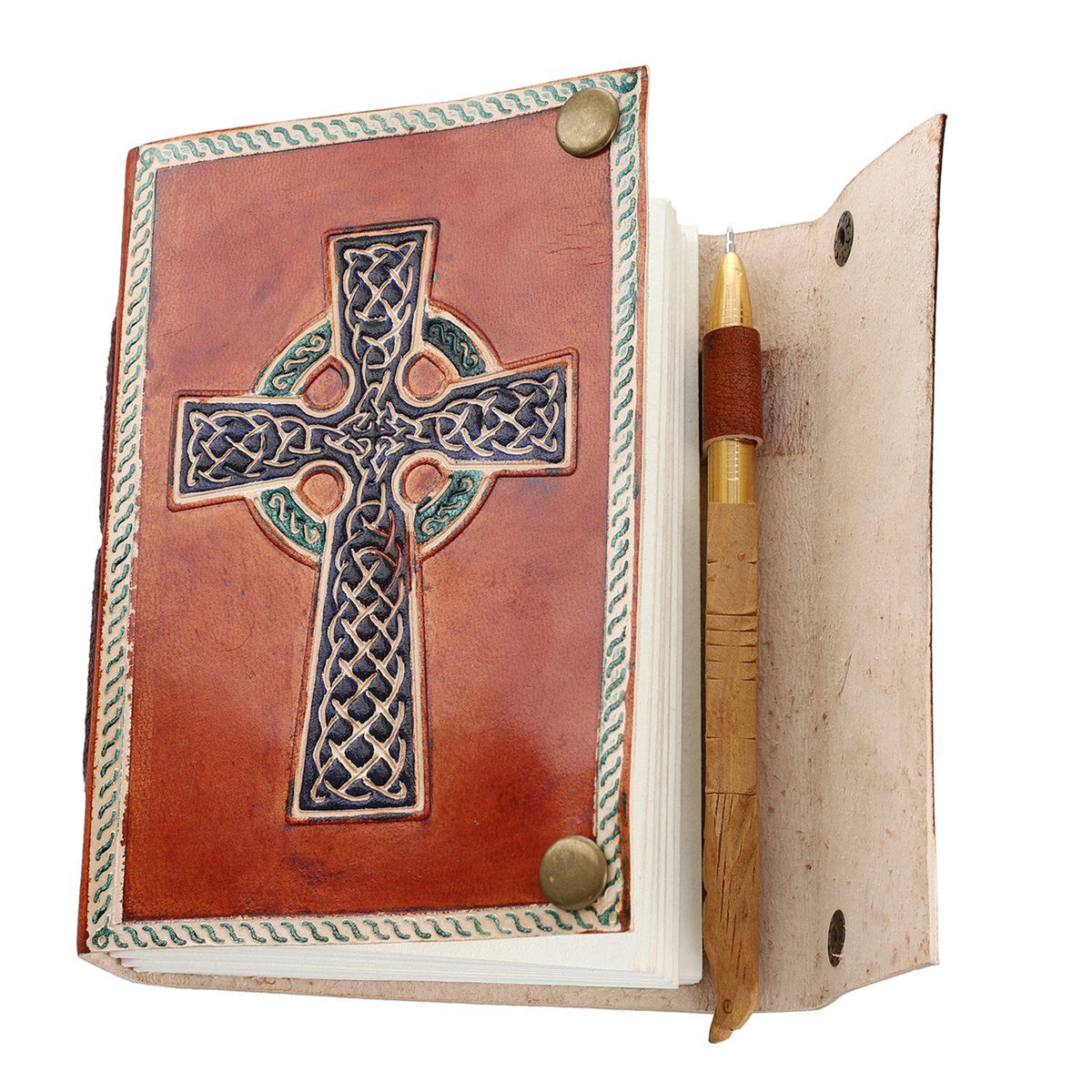 Kreuzgeprägtes Leder Notizbuch mit 96 Seiten & 1 Holzstift, braun