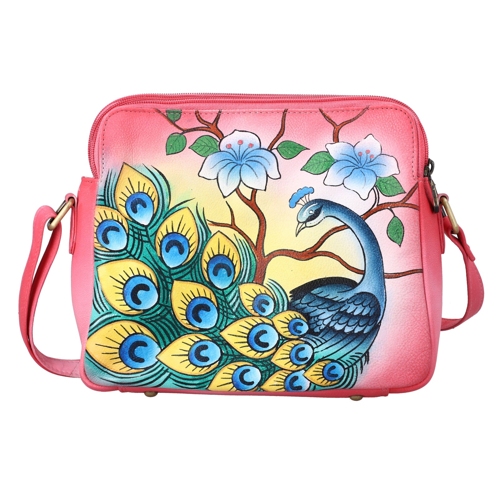 SUKRITI - handbemalte Crossbody Tasche aus echtem Leder mit RFID schutz, 22 x 19 x 6 cm, rosa