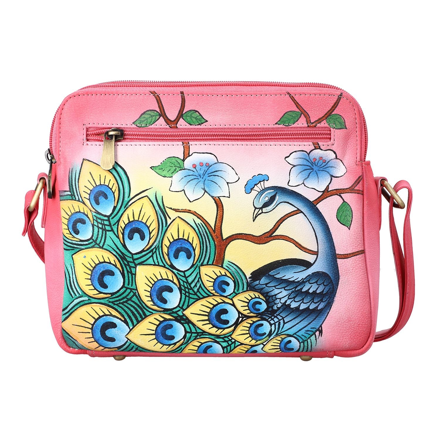SUKRITI - handbemalte Crossbody Tasche aus echtem Leder mit RFID schutz, 22 x 19 x 6 cm, rosa