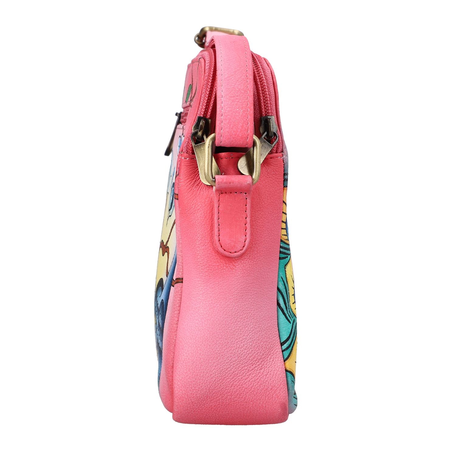SUKRITI - handbemalte Crossbody Tasche aus echtem Leder mit RFID schutz, 22 x 19 x 6 cm, rosa