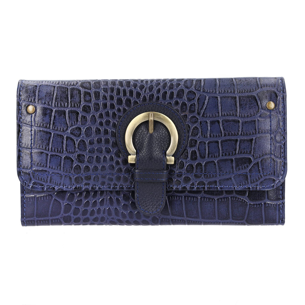 Echtleder Portemonnaie mit Krokoprägung und RFID-Schutz, 19,5x11,45 cm, marine