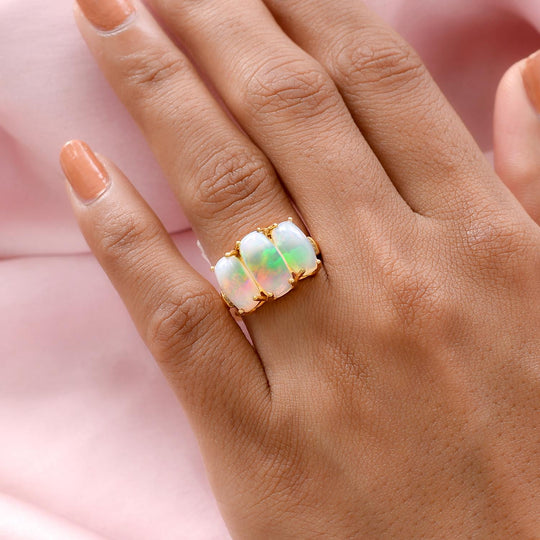 Natürlicher, äthiopischer Welo Opal Ring, 925 Silber Gelbgold Vermeil (Größe 21.00) ca. 3.72 ct
