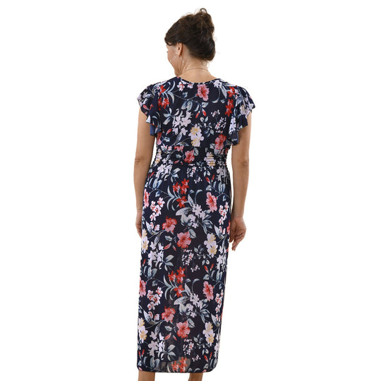 TAMSY - Maxi Kleid mit gesmokter Taille und Flatterärmel, One Size, blau