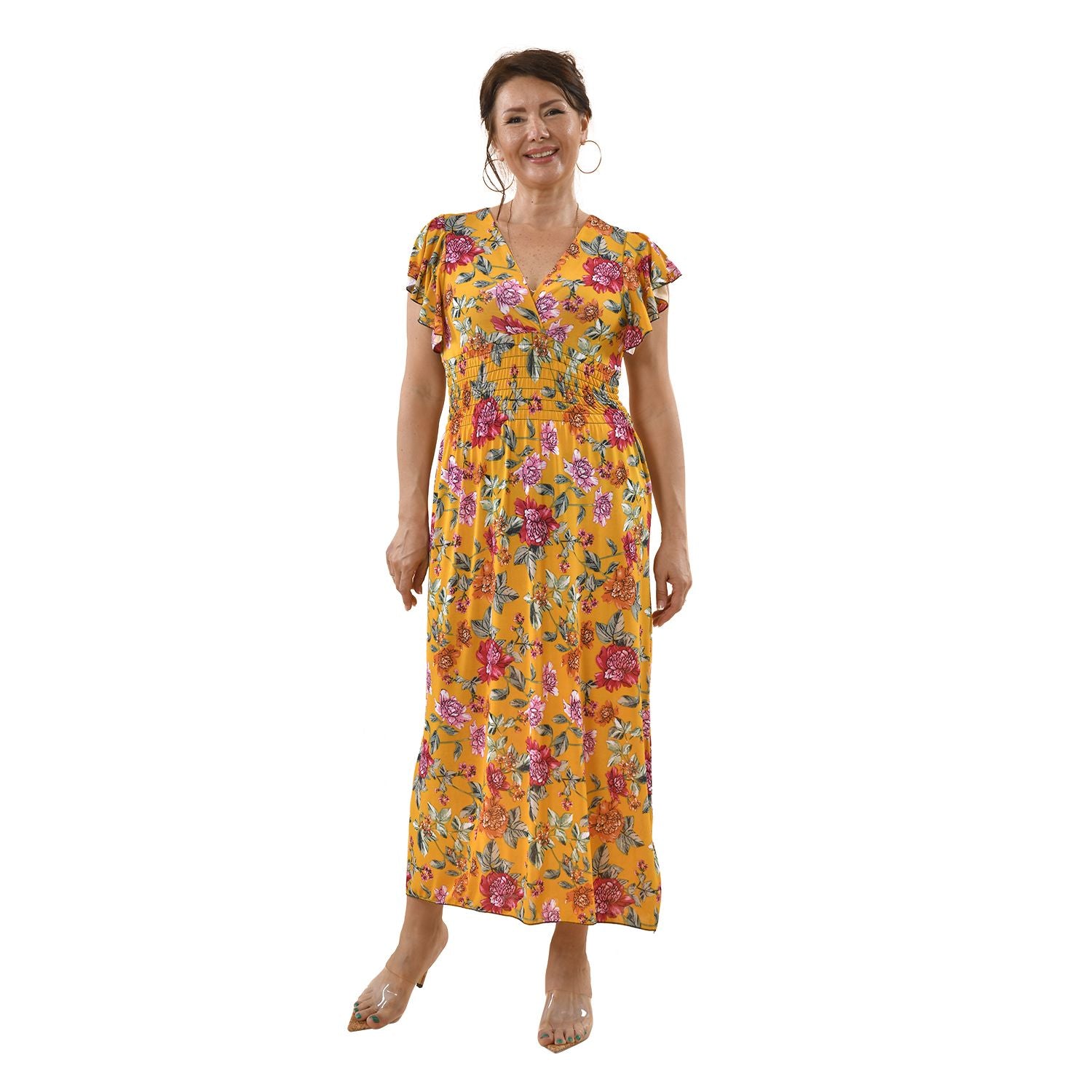 Maxi Kleid mit gesmokter Taille und Flatterärmel, One Size, gelb