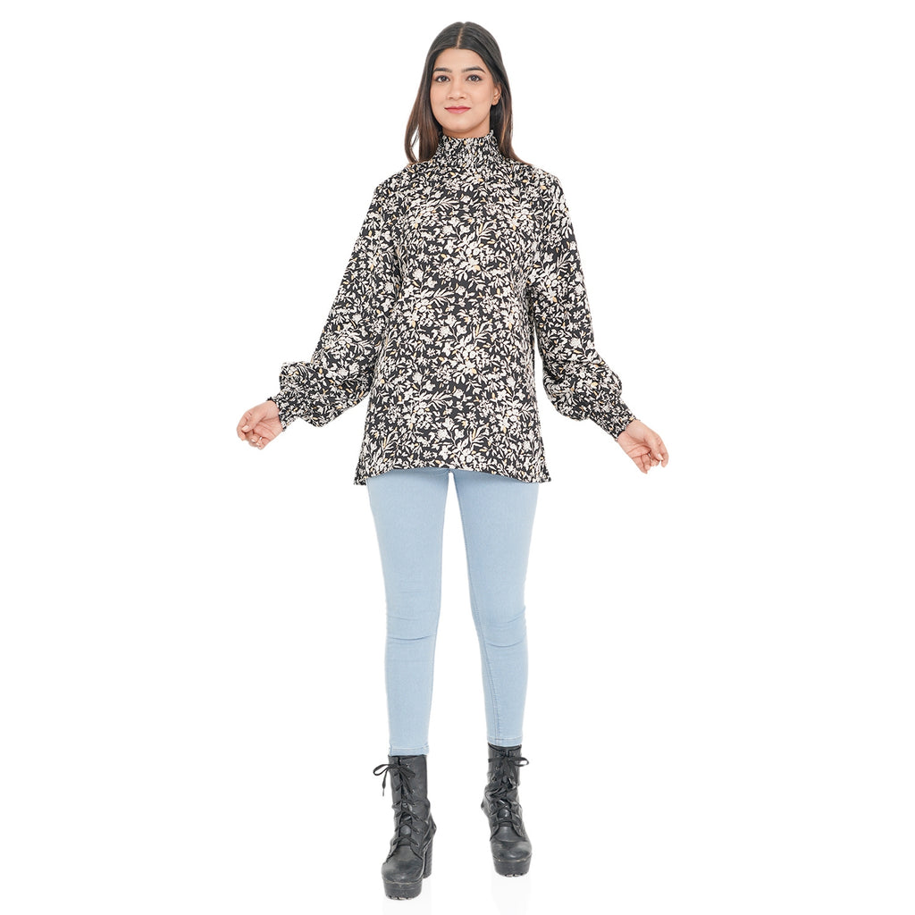 TAMSY - Damen Bluse mit Blatt- und Blumenmuster, Größe 38, Schwarz