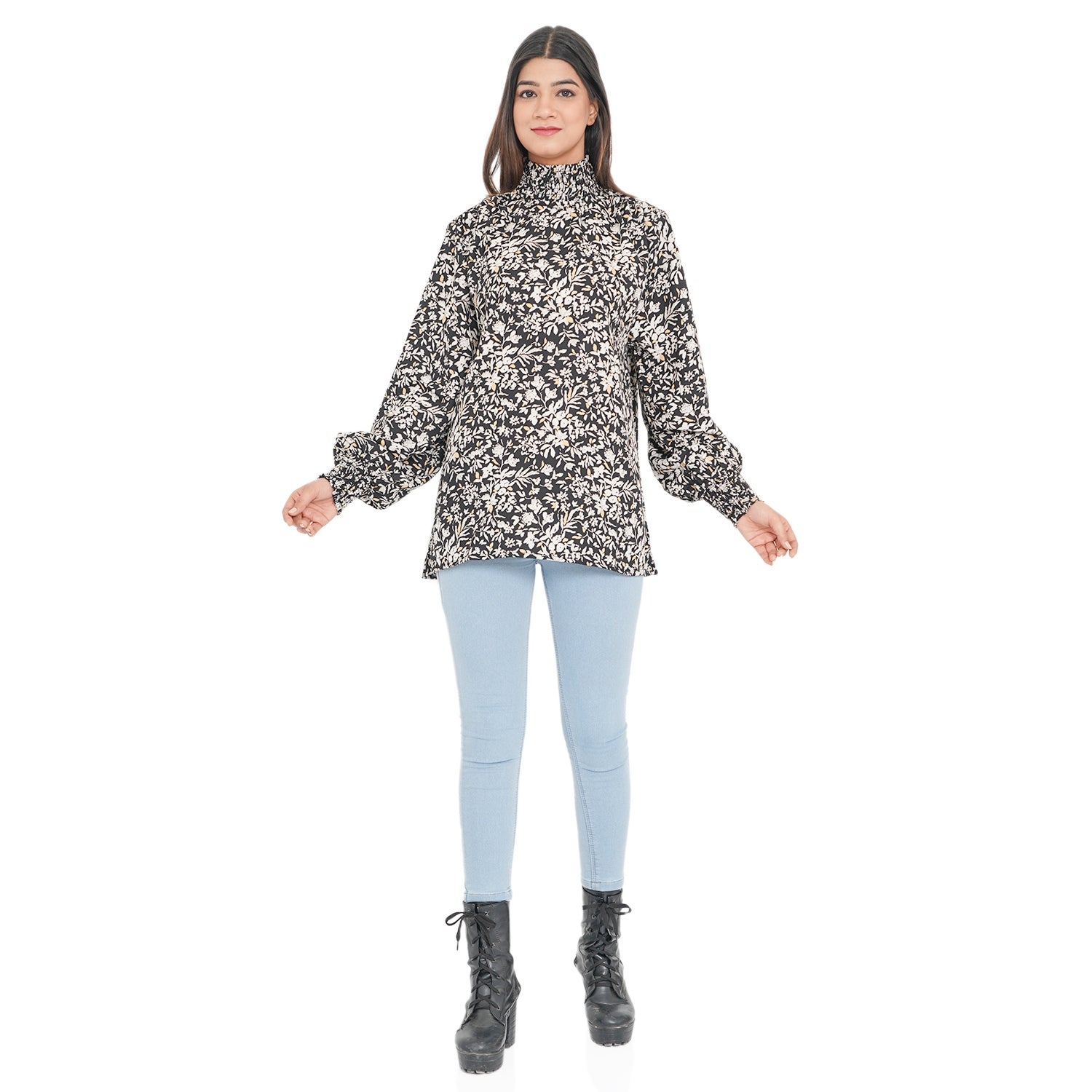 TAMSY - Damen Bluse mit Blatt- und Blumenmuster, Größe 38, Schwarz