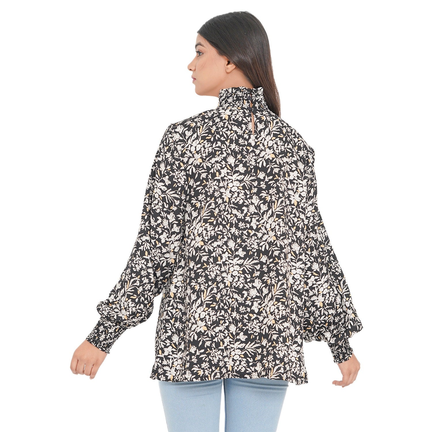 TAMSY - Damen Bluse mit Blatt- und Blumenmuster, Größe 38, Schwarz