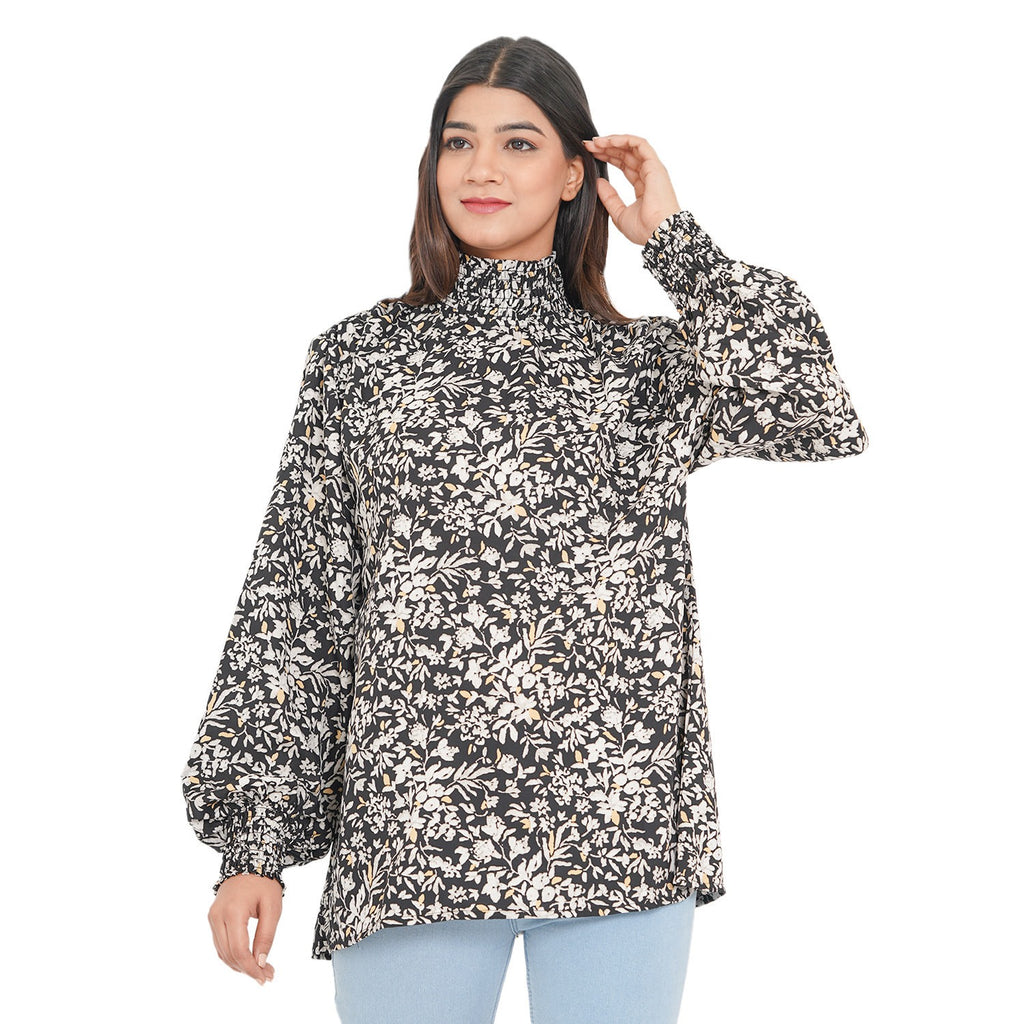 TAMSY - Damen Bluse mit Blatt- und Blumenmuster, Größe 38, Schwarz