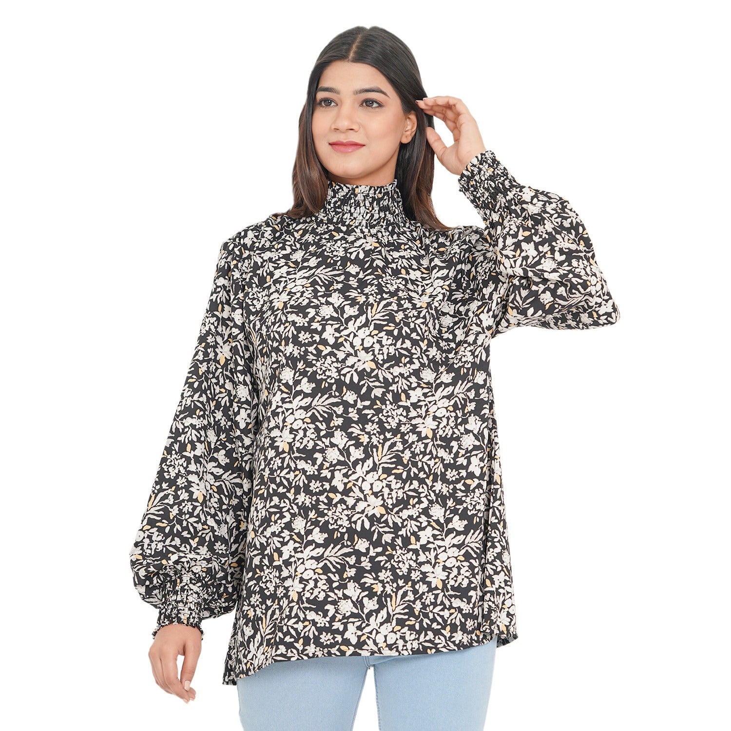 TAMSY - Damen Bluse mit Blatt- und Blumenmuster, Größe 38, Schwarz