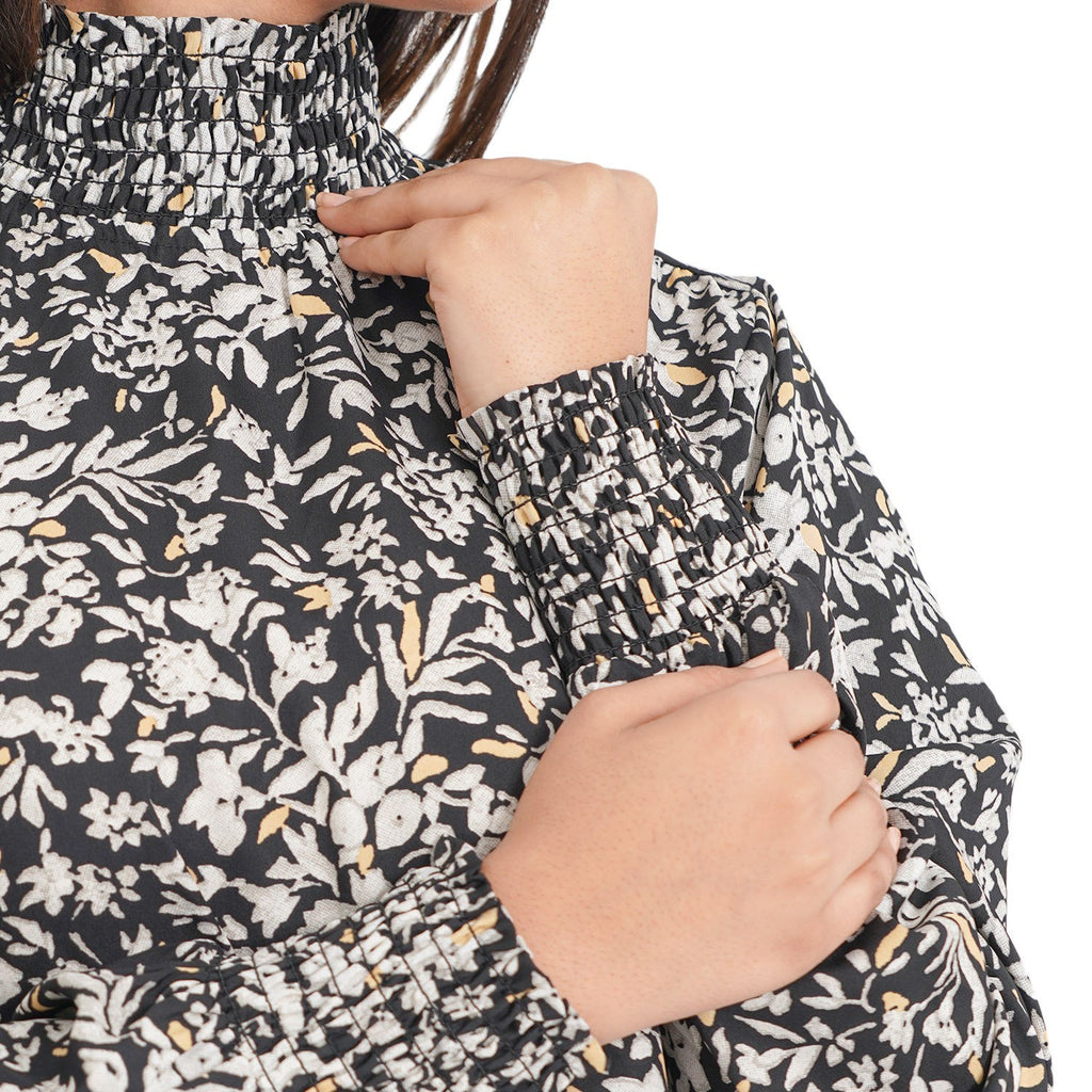 TAMSY - Damen Bluse mit Blatt- und Blumenmuster, Größe 38, Schwarz