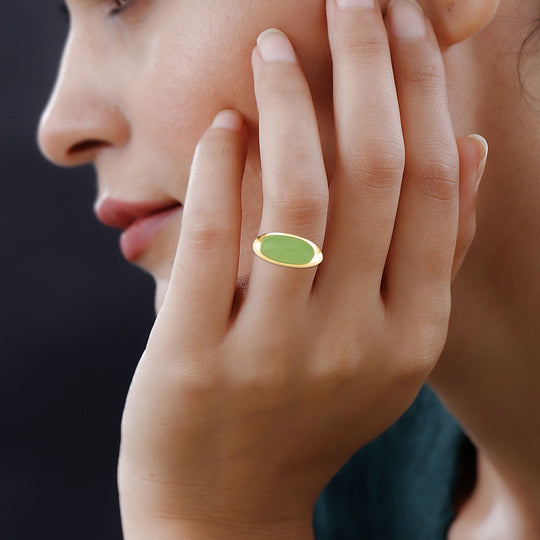 Grüner Jade Ring 925 Silber Gelbgold Vermeil 8, ca. 7.47 ct