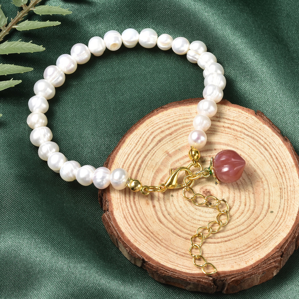 Pfirsich Achat und weißes Süßwasserperlen-Armband, 19 cm, silberfarben