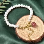 Pfirsich Achat und weißes Süßwasserperlen-Armband, 19 cm, silberfarben