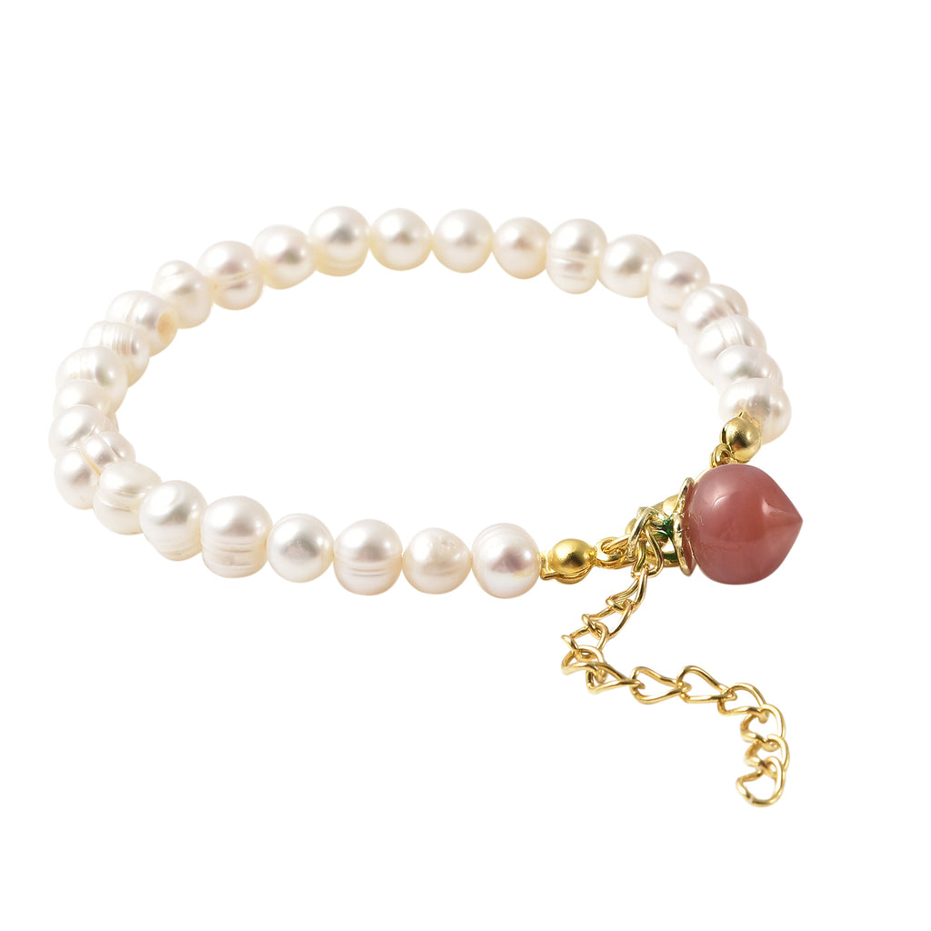Pfirsich Achat und weißes Süßwasserperlen-Armband, 19 cm, silberfarben
