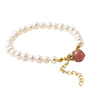 Pfirsich Achat und weißes Süßwasserperlen-Armband, 19 cm, silberfarben