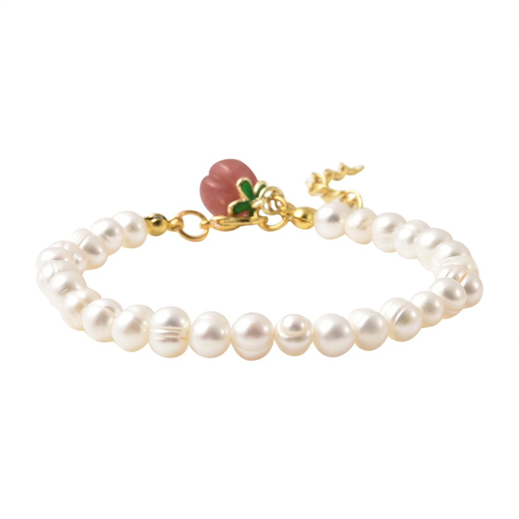 Pfirsich Achat und weißes Süßwasserperlen-Armband, 19 cm, silberfarben