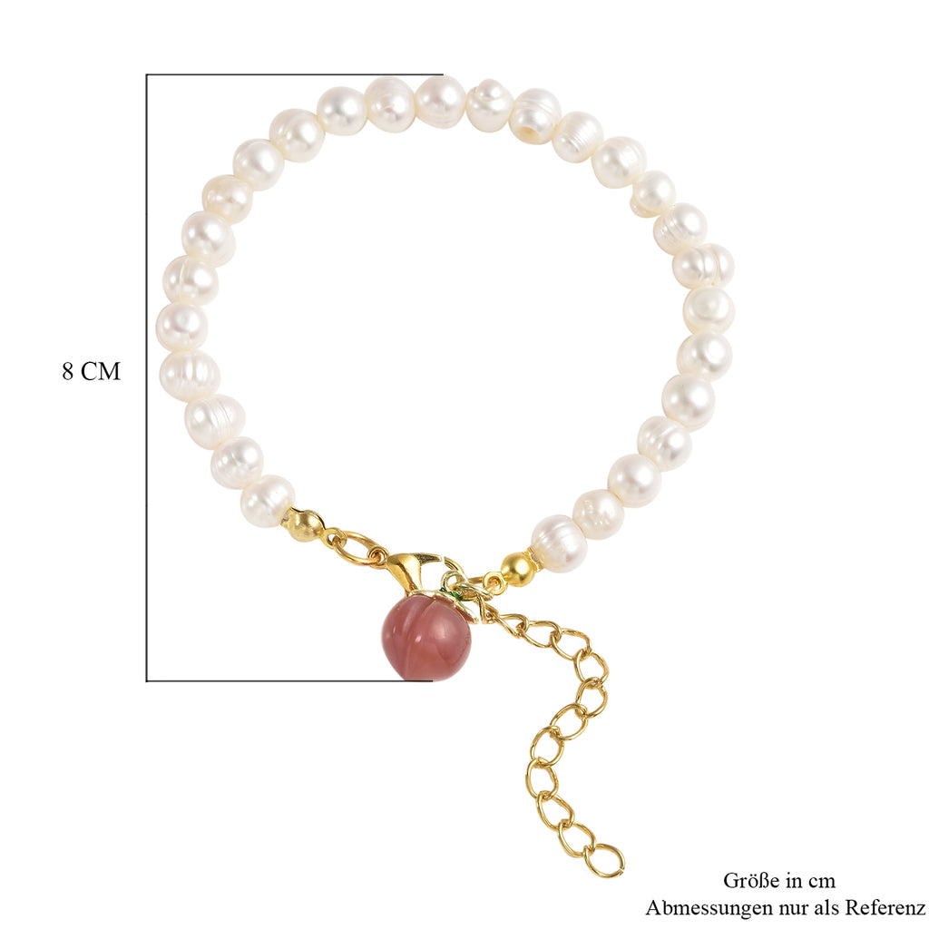 Pfirsich Achat und weißes Süßwasserperlen-Armband, 19 cm, silberfarben