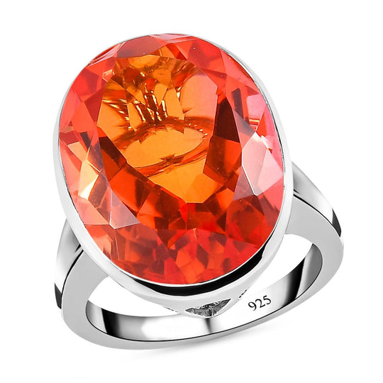 Padparadscha Triplette Quarz-Ring, 925 Silber platiniert ca. 19.33 ct