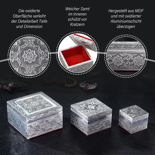 3er Set - Traumfänger, Handgefertigte Schachteln mit kunstvoller Gravur, Größe: Groß 12x12x6,35 cm, Mittel 8,9x8,9x5,4 cm, Klein 6,35x6,35x4,4 cm