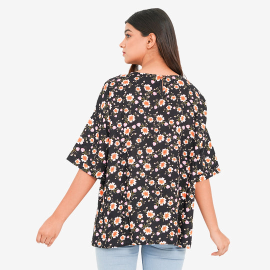 TAMSY - bedrucktes Top mit Blumendruck, Größe 38, Schwarz