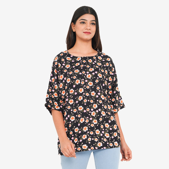 TAMSY - bedrucktes Top mit Blumendruck, Größe 38, Schwarz