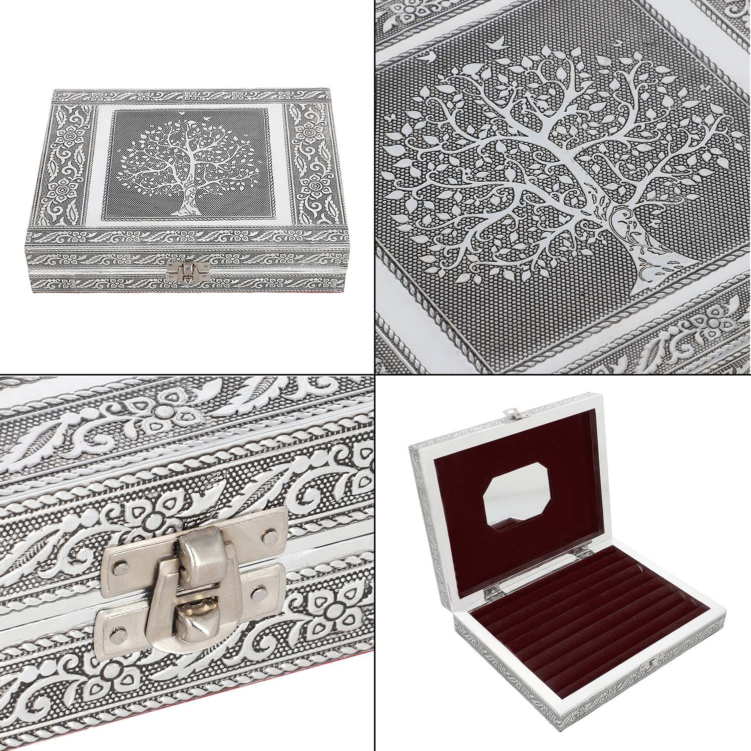 Handgefertigte Ringschatulle aus Aluminium, 23x18x5 cm, Lebensbaum