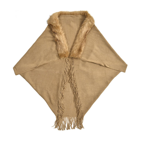 LA MAREY - luxuriöser Kunstpelz-Kimono mit Fransen, 114x109cm, beige