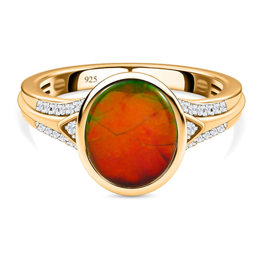 Kanadischer Ammolit und weißer Zirkon-Ring, 925 Silber Gelbgold Vermeil (Größe 19.00) ca. 2.92 ct