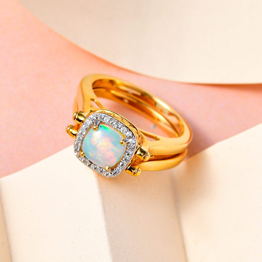 Amerikanischer, natürlicher Sleeping Beauty Türkis, Natürlicher, äthiopischer Welo Opal Ring 925 Silber Gelbgold Vermeil ca. 2.83 ct