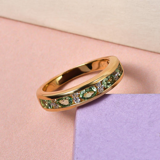 Natürlicher Merelani Mint-Granat und weißer Zirkon-Ring, 925 Silber Gelbgold Vermeil ca. 1.02 ct