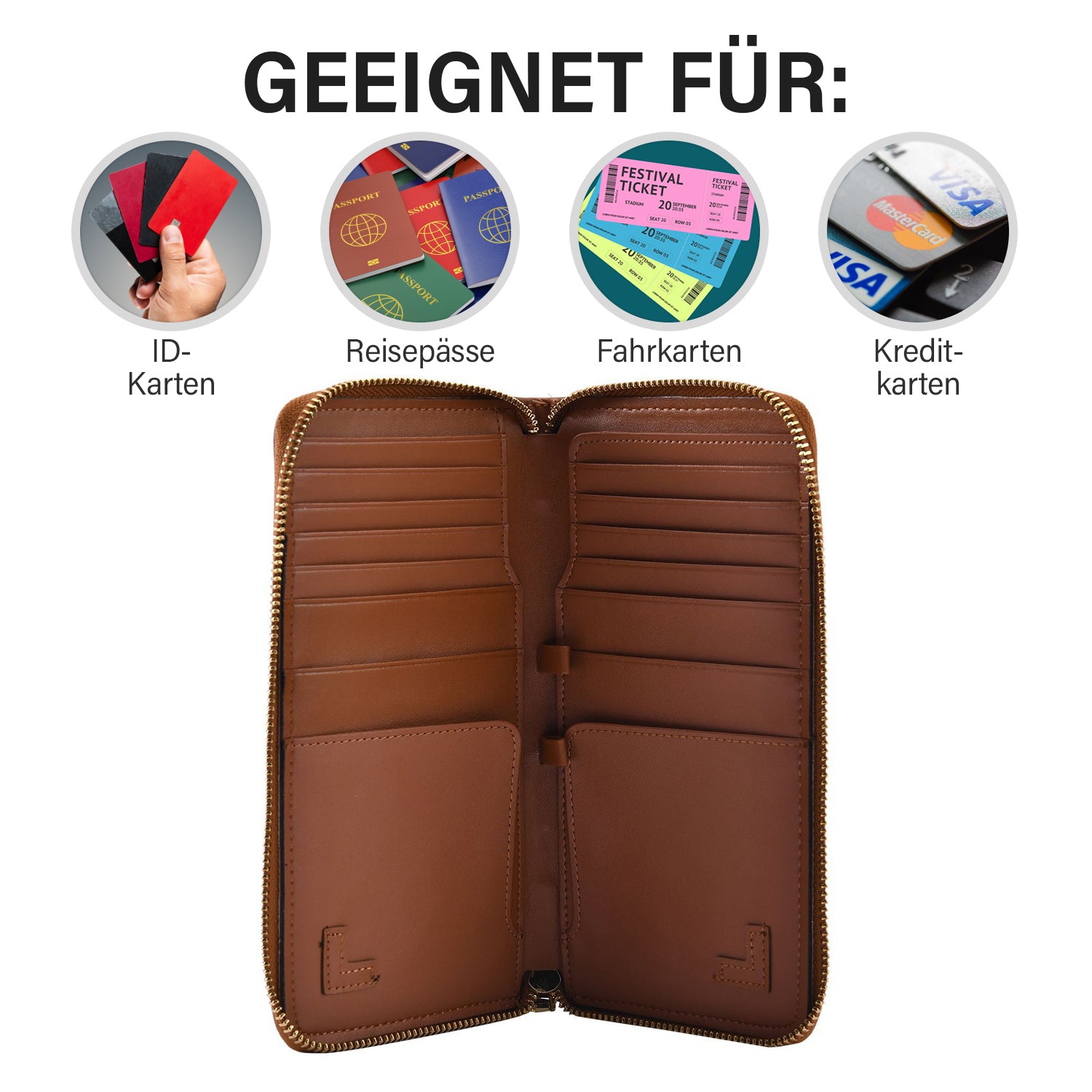 Sencillez: Dokumenten-Etui aus 100% echtem Leder mit RFID Schutz, 21x11x2cm, Braun