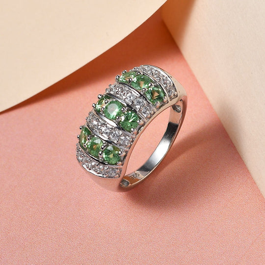 Natürlicher Merelani Mint-Granat und weißer Zirkon-Ring, 925 Silber platiniert ca. 1.52 ct