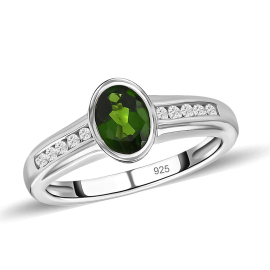Natürlicher Chromdiopsid und weißer Zirkon-Ring, 925 Silber platiniert ca. 1.00 ct