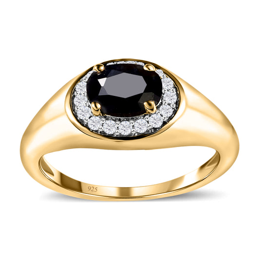 Schwarzer Saphir und weißer Zirkon-Ring, 925 Silber Gelbgold Vermeil ca. 1.27 ct