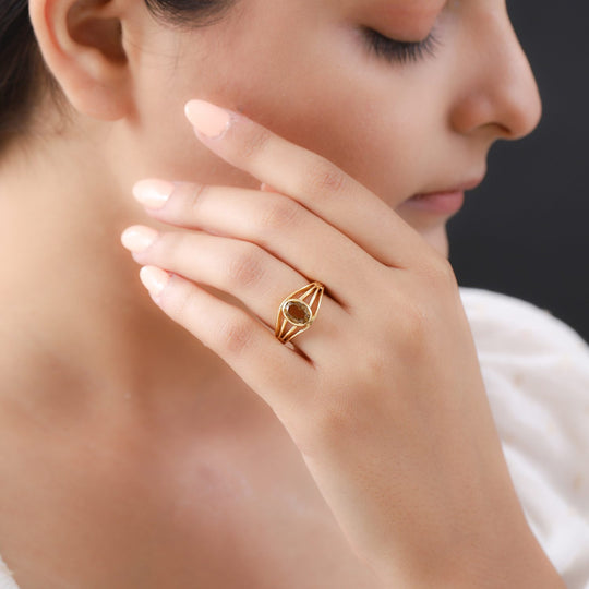 Champagner Triplett Quarz Ring, 925 Silber vergoldet ca. 1,42 ct