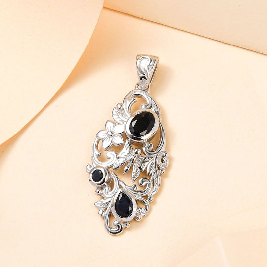Schwarzer Saphir Anhänger, 925 Silber platiniert ca. 3.10 ct