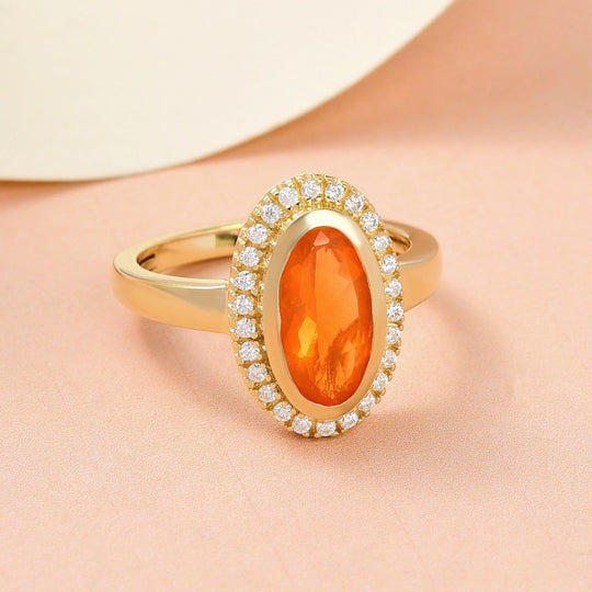 Purpurroter Feueropal und Moissanit-Ring, 925 Silber Gelbgold Vermeil (Größe 21.00) ca. 1.79 ct