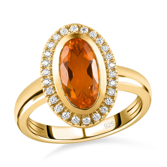Purpurroter Feueropal und Moissanit-Ring, 925 Silber Gelbgold Vermeil (Größe 21.00) ca. 1.79 ct