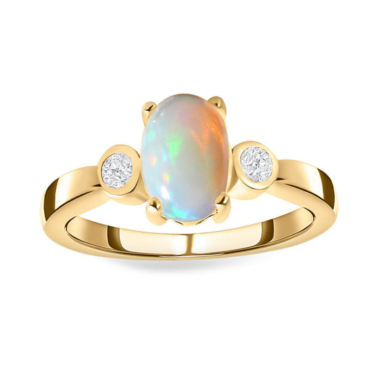 Natürlicher, äthiopischer Welo Opal und weißer Zirkon Ring, 925 Silber vergoldet ca. 1.03 ct