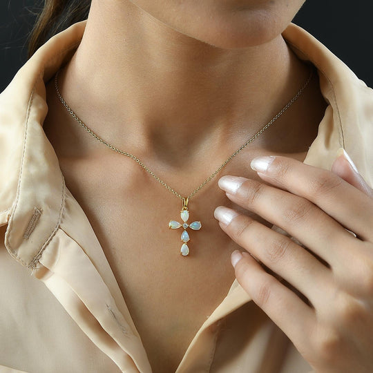 Natürlicher, äthiopischer Welo Opal und weißer Zirkon Kreuz-Anhänger, 925 Silber vergoldet ca. 1.41 ct