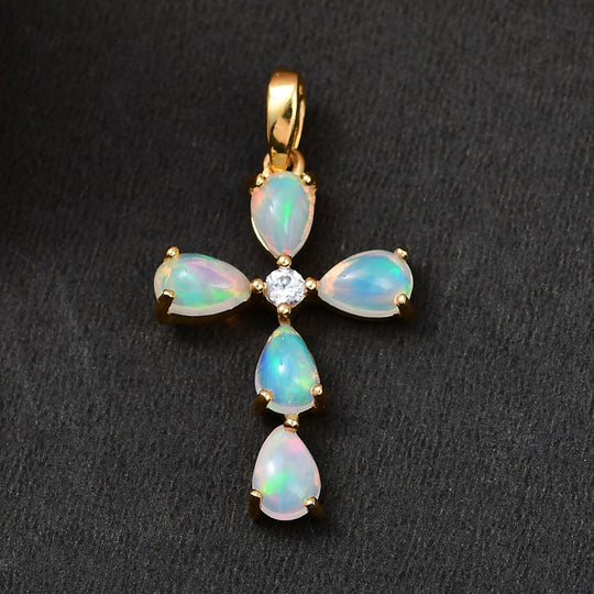 Natürlicher, äthiopischer Welo Opal und weißer Zirkon Kreuz-Anhänger, 925 Silber vergoldet ca. 1.41 ct
