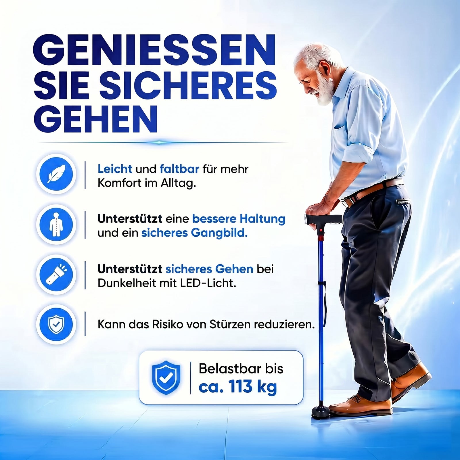 LIVMORE faltbarer Smart Gehstock mit LED Licht und SOS Alarm, Belastbarkeit 113kg, Schwarz