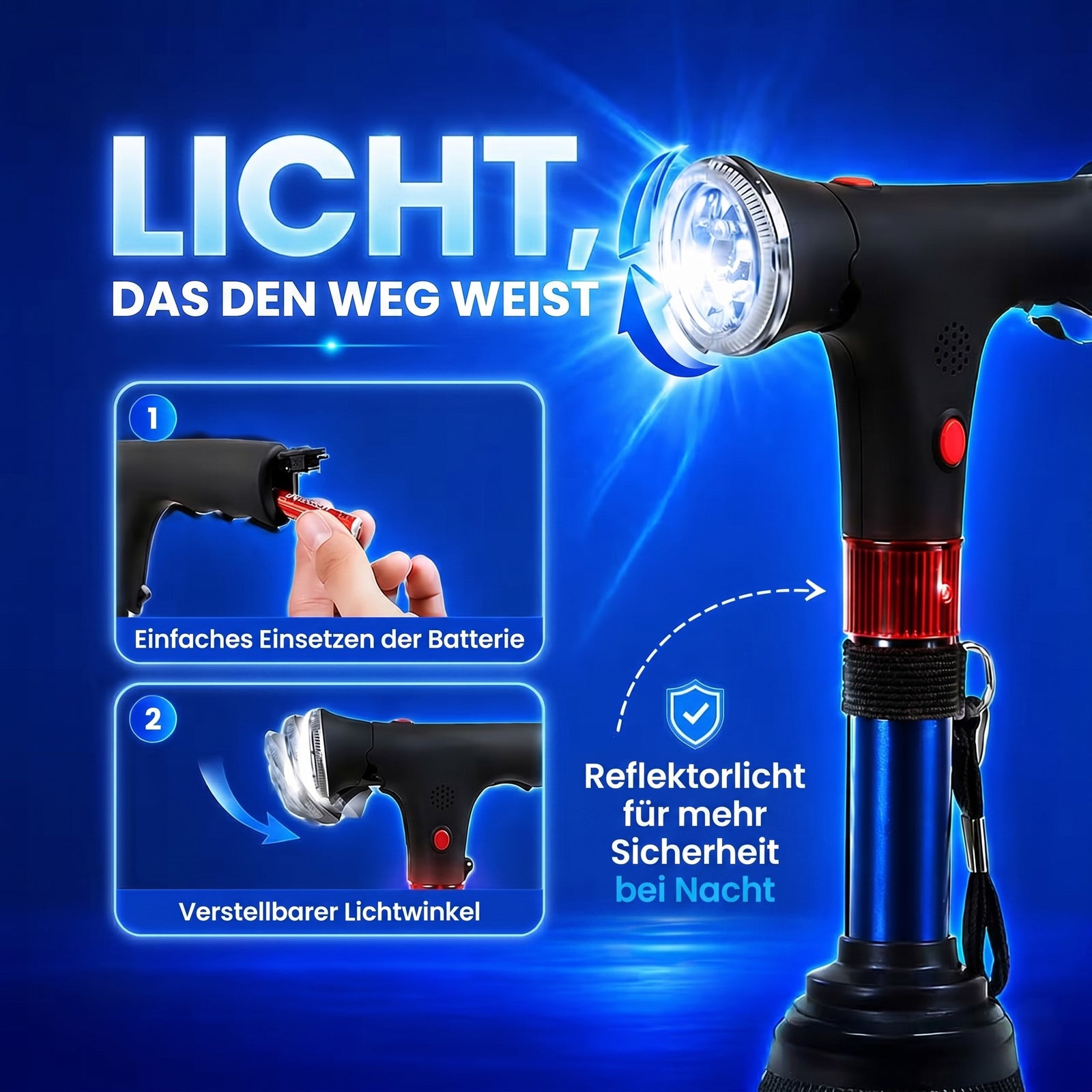 LIVMORE faltbarer Smart Gehstock mit LED Licht und SOS Alarm, Belastbarkeit 113kg, Schwarz