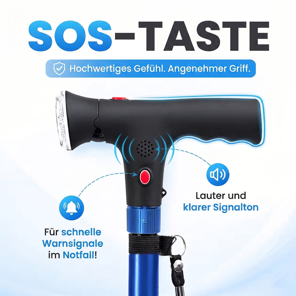 LIVMORE faltbarer Smart Gehstock mit LED Licht und SOS Alarm, Belastbarkeit 113kg, Schwarz