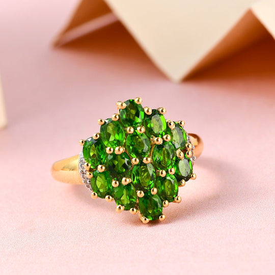 Natürlicher Chromdiopsid und weißer Zirkon Ring, 925 Silber vergoldet ca. 2,79 ct