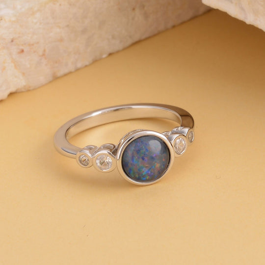Boulder Opal Triplette und weißer Zirkon-Ring, 925 Silber rhodiniert ca. 1.18 ct